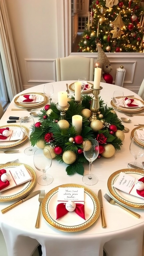 A festive Christmas table setting with greenery, candles, and personalized name cards.